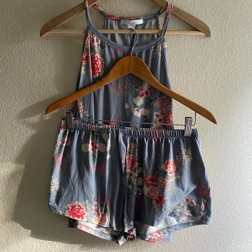 Flora Nikrooz Blue Floral Satin Cami & Short Pajama Set